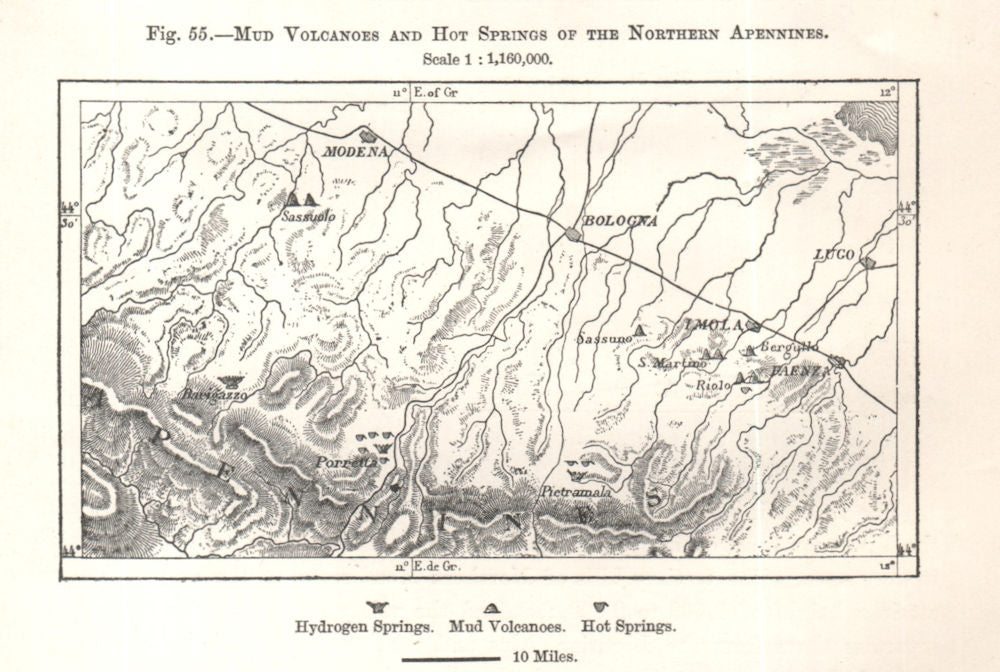 Mud Volcanoes & Hot Springs of the Northern Apennines. Italy. Sketch map 1885